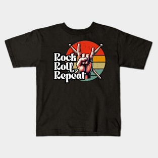 Rock Roll Repeat - Retro Drum Stick Art - Percussion Player Kids T-Shirt